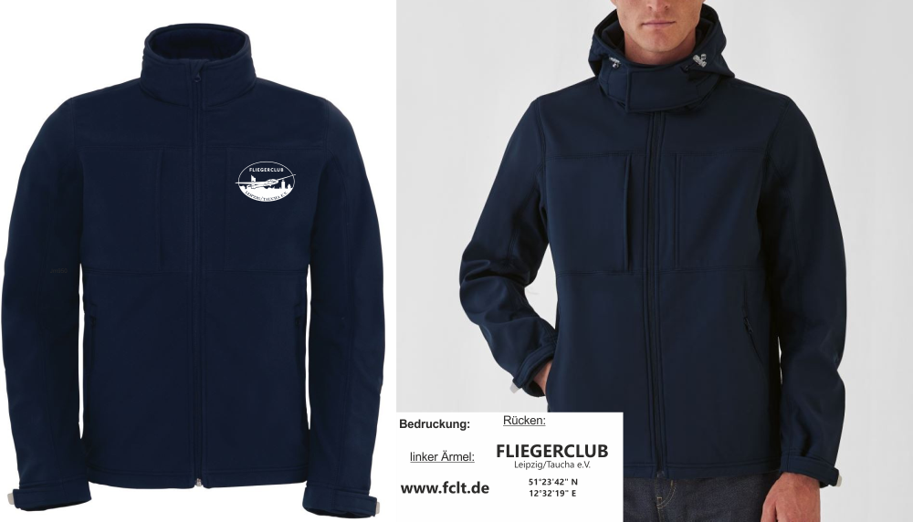 Herren Softshelljacke B&C mit Kapuze und Innenfutter FC Leipzig/Taucha (Außen: 94% Polyester, 6% Elasthan)